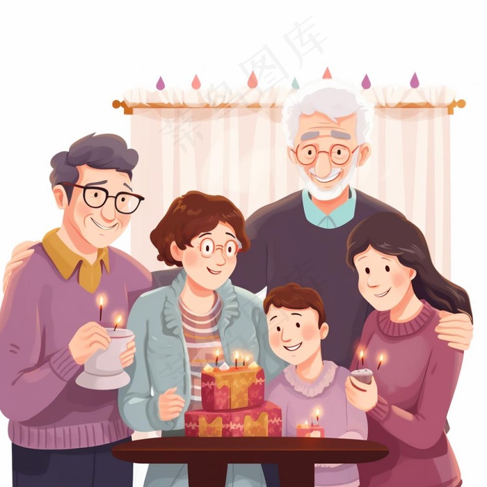 一家人家庭照礼物开心欢乐天伦之乐卡通插画素材背景