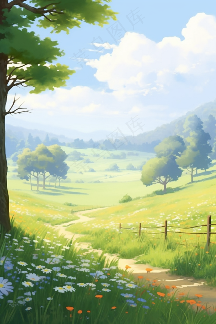 夏日风光草原山林花丛卡通插画背景(2688x4032)