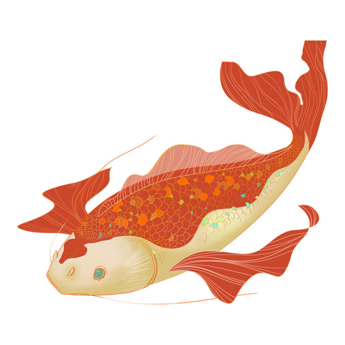 手绘烫金国潮中国风卡通锦鲤鱼金鱼插画装饰元素PSD设计素材