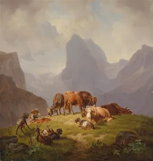 放牛羊的人风景油画图片 放牛羊的人风景油画图片