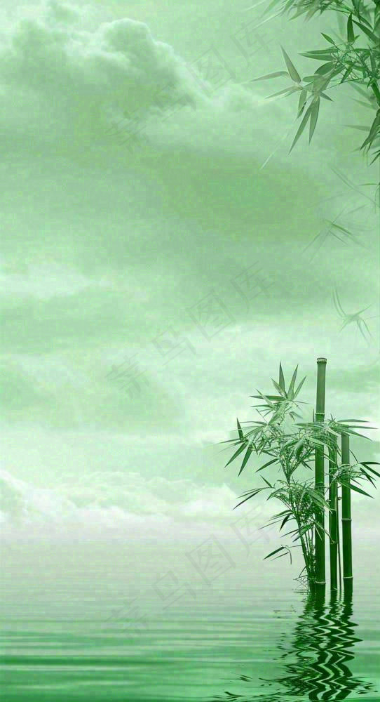 中国风绿色唯美已经云海河湖竹子，水面倒影