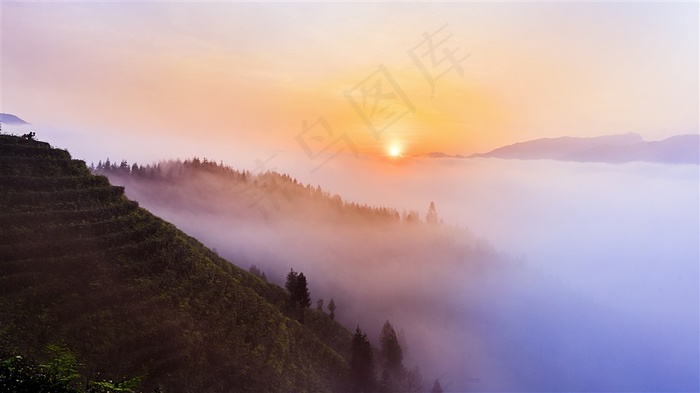 瓦屋山茶山日出田园风光