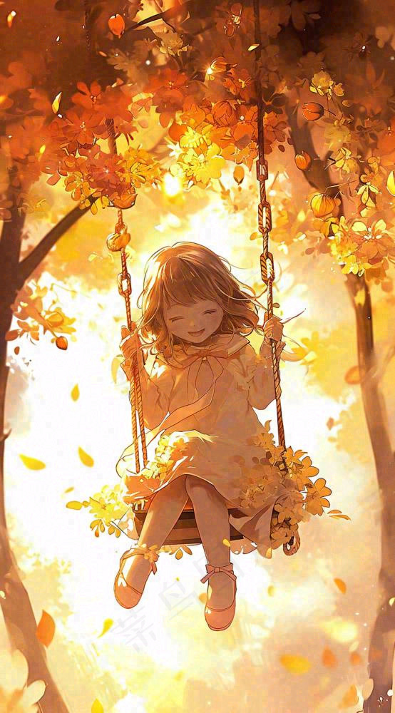 秋天落叶季节少女玩耍荡秋千，秋分儿童(816x1472)