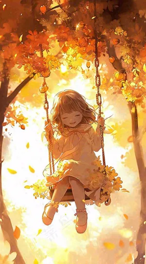 秋天落叶季节少女玩耍荡秋千，秋分儿童