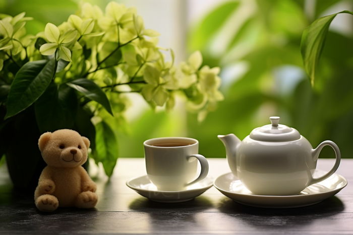 餐桌上的咖啡杯下午茶绿植阳光光影摄影图