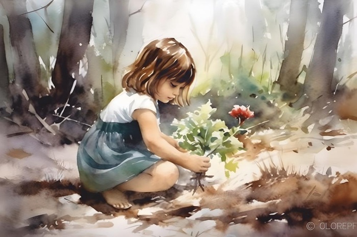 森林种植小女孩土地手绘插画海报素材背景(5376x3584)
