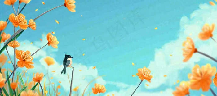 春天清新草地小花蓝天白云，鲜花向阳手绘插画(1632x720)