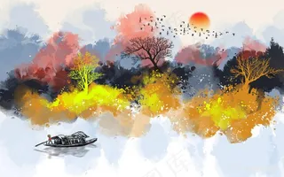 湖畔山脉树木油画