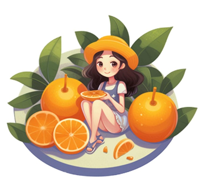 在橙子盘子里的女孩插画免抠