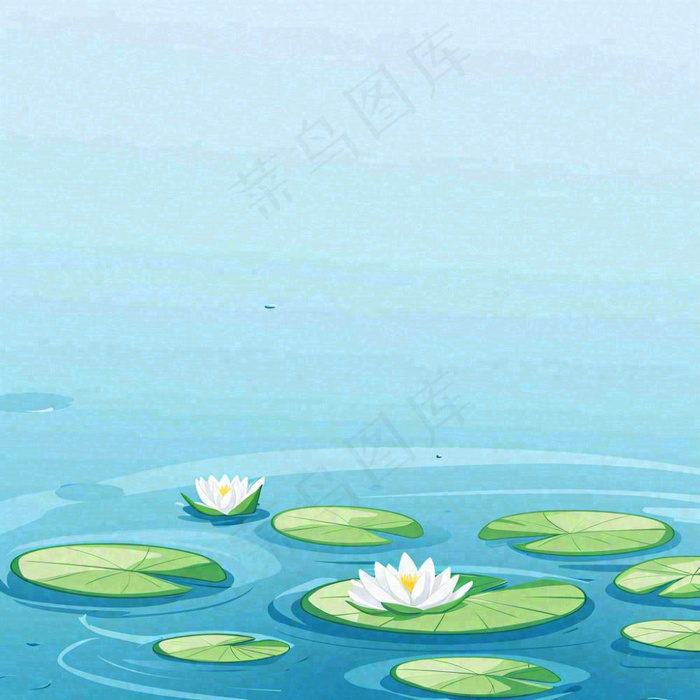 中国风夏日荷塘池白色荷花盛开手绘插画，立夏夏至大暑小暑(1024x1024)