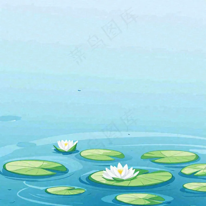 中国风夏日荷塘池白色荷花盛开手绘插画，立夏夏至大暑小暑(1024x1024)