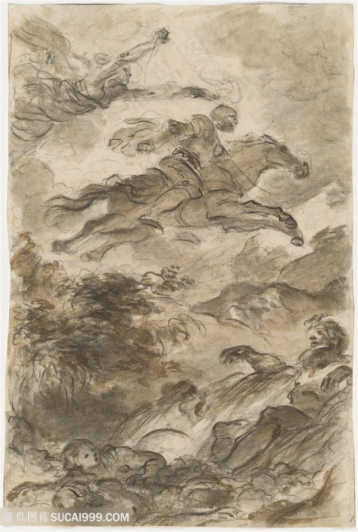 骏马骑士风景画素描装饰画