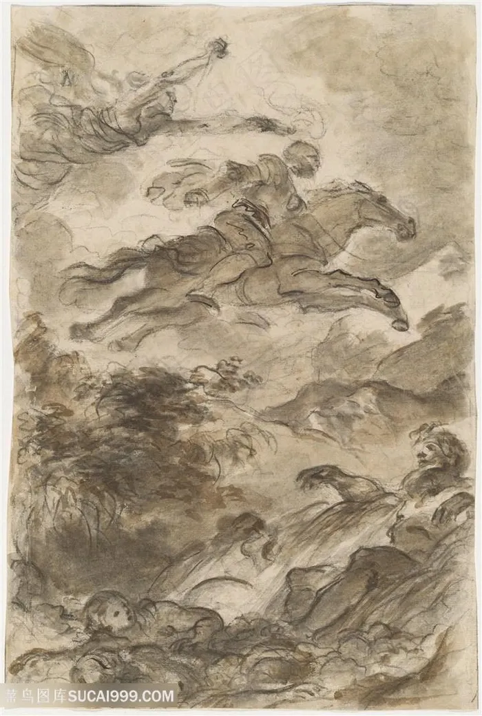 骏马骑士风景画素描装饰画