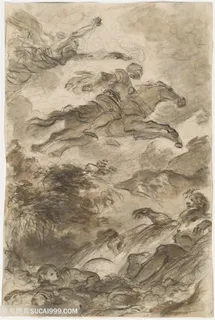 骏马骑士风景画素描装饰画