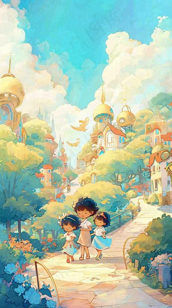 清新蓝天白云儿童路边行走手绘插画，花丛草地植物(816x1456)