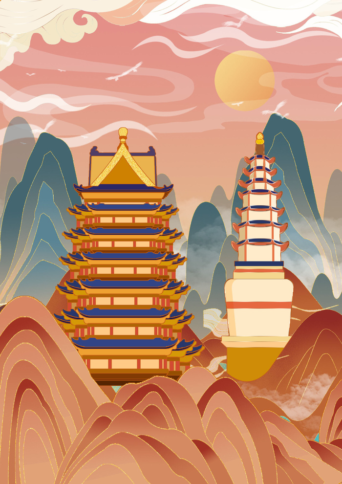 中国风国潮烫金仙鹤山水古建筑风景装饰插画背景PSD分层设计素材psd模版下载