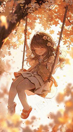 秋天落叶季节少女玩耍荡秋千，秋分儿童