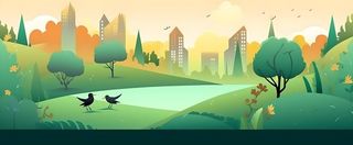 春夏森林山坡草地花草鸟绿植风景插画海报素材背景