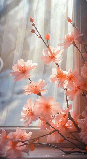 春天窗台粉色渐变鲜花，枝叶，春节立春