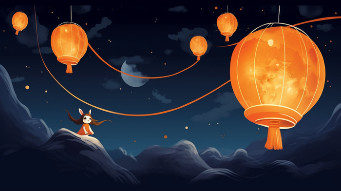 夜晚红灯笼白兔卡通插画素材(4368x2448)