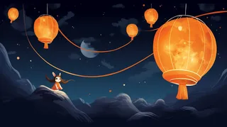 夜晚红灯笼白兔卡通插画素材