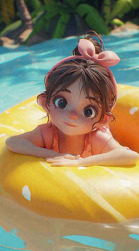 夏天泳池玩耍泳衣女孩，小暑大暑 夏至