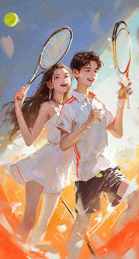 青春活力运动青年手绘插画油画，网球羽毛球球类(800x1488)