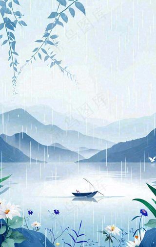春天雨天湖面山脉小船植物花朵，雨水谷雨