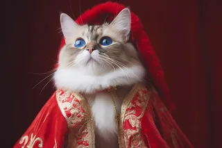 布偶猫咪披着红色披风在红色背景