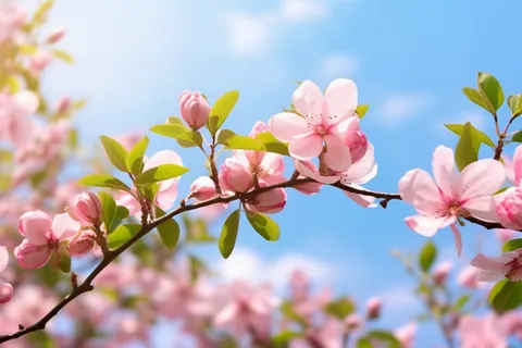 春天阳光明媚的树枝上开满了粉红色的花朵摄影图