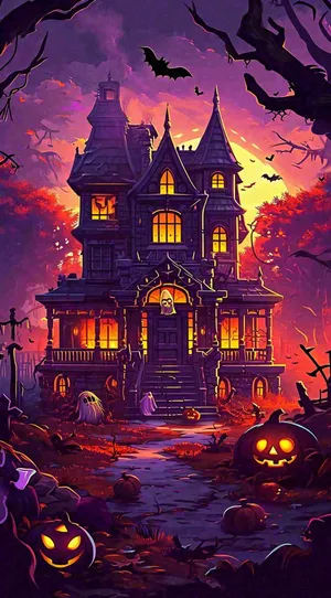 万圣节恐怖城堡南瓜夜晚暗紫色卡通节日