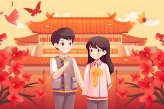 学生中国红祖国繁花背景