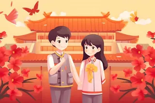 学生中国红祖国繁花背景