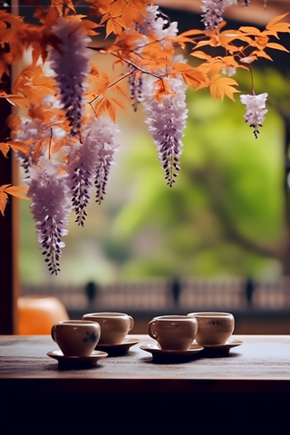 木桌上的茶杯垂挂的树叶花枝摄影图