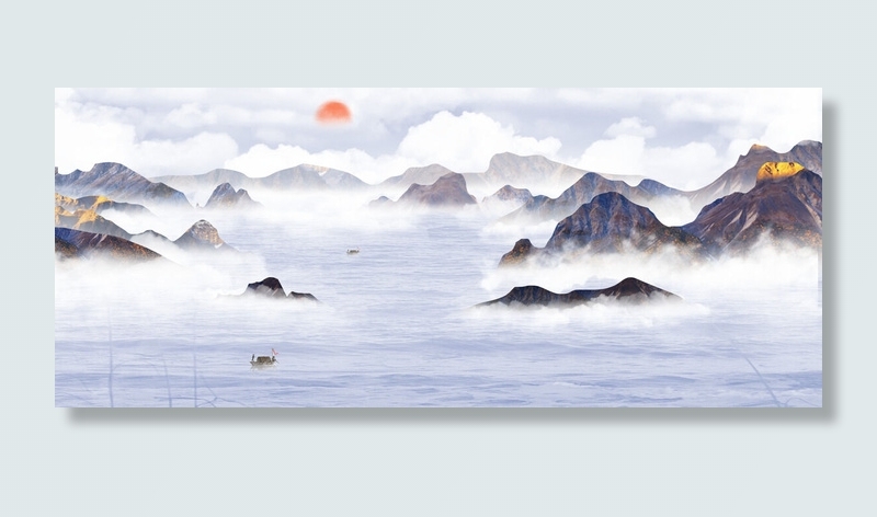 湖水日出山川水墨画PSD素材psd模版下载