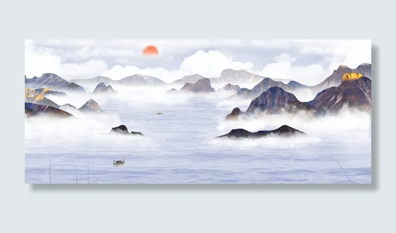 湖水日出山川水墨画PSD素材psd模版下载