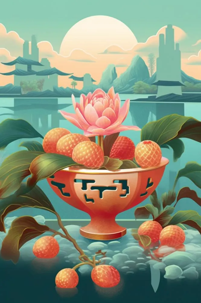 国潮花朵水果插画背景(896x1344)