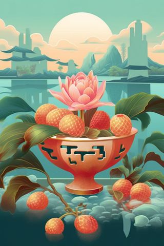 国潮花朵水果插画背景