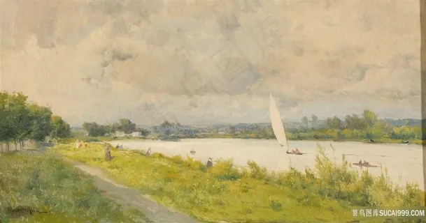 草地湖畔美景油画