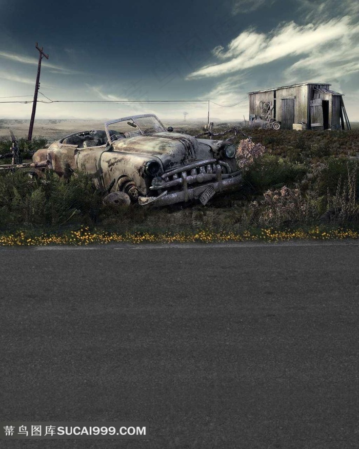 废弃的跑车婚纱背景