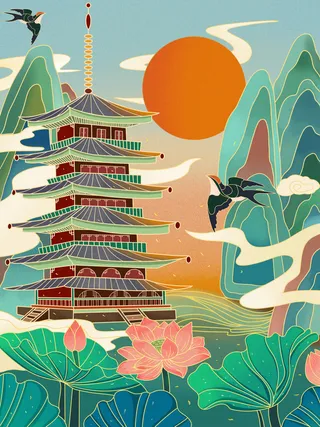 中国风国潮烫金仙鹤山水古建筑风景装饰插画背景PSD分层设计素材