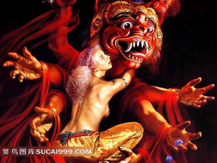 性感美女与多手的神灵插画素材