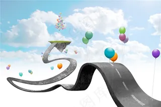 悬浮在空中的公路和气球高清图片