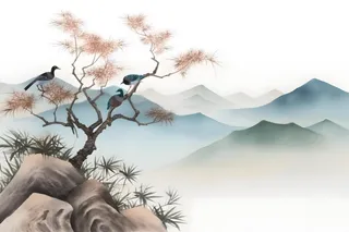 古风山水画迎客松鸟水墨画背景