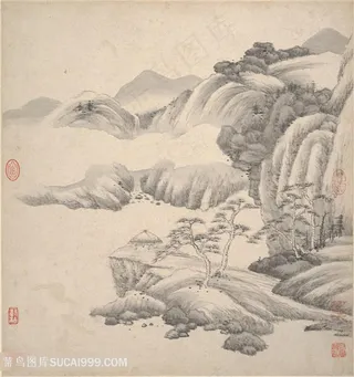 明代王鉴湘碧居士仿古册页万壑飞流图国画图片