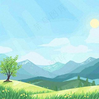 春天清新山脉田间草地绿植手绘插画