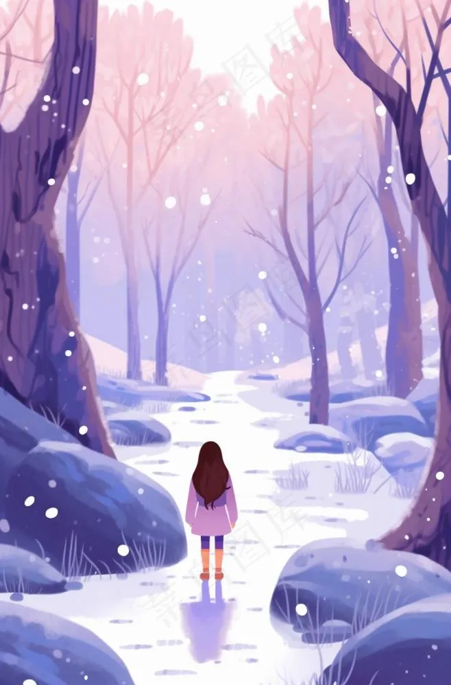 冬天下雪女孩走在森林的道路白雪紫粉色卡通插画背景(896x1360)