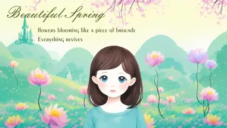 美丽的春天手绘女孩插画背景壁纸-城堡