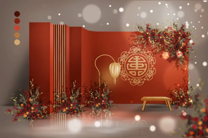红色中式传统婚礼迎宾区效果图psd模版下载