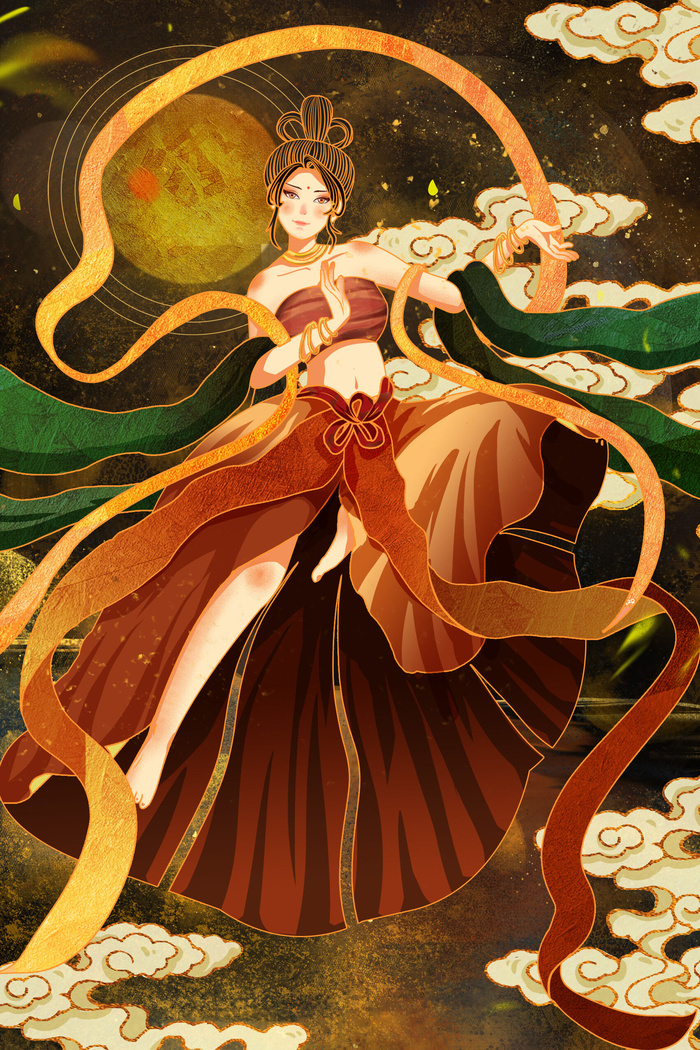 复古中国风国潮神话人物敦煌插画仙女手绘海报背景PSD设计素材